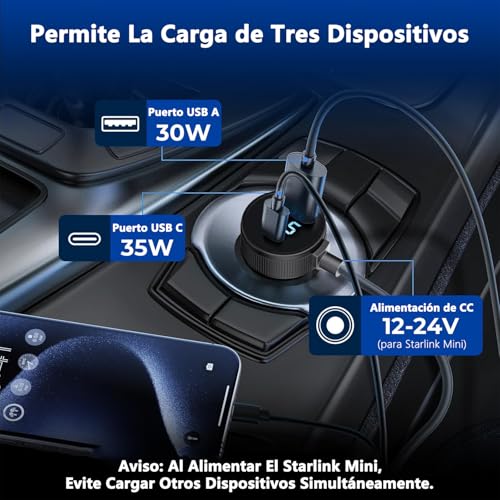 3 en 1 Cable de Alimentación CC para Starlink Mini, Adaptador para Encendedor de 12V-48V con Pantalla Digital, Puertos Tipo C PD de 35W y USB A de 30 W, Ideal para Camiones y Coches (5 metros, 18AWG)