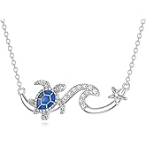 LWXIE Diamond Turtle Necklace for Women 925 Sterling Silver Ocean Wave and Sea Turtle Starfish Pendant Necklace Beach Jewelry Gifts for Women