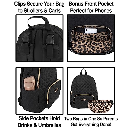 Jessica Simpson Black Quilted Diaper Bag Backpack with Insulated Pockets, Portable Changing Pad, Stroller Straps, Fanny Pack 3 Pc. Set (Camilla (With Fanny Pack))