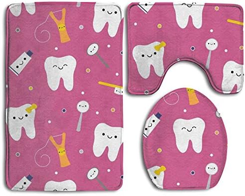 Dentistry Happy Teeth Friends 3-Piece Soft Bath Rug Set Includes Bathroom Mat Contour Rug Lid Toilet Cover Home Decorative Doormat