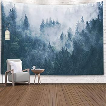 EMMTEEY Misty Forest Tapestry Nature Green Tree, Tapestries Décor Living Room Bedroom Home by Printed 80x60 Inches Foggy Mountain Landscape with fir Forest in Hipster Vintage Retro STYL,Grey Green