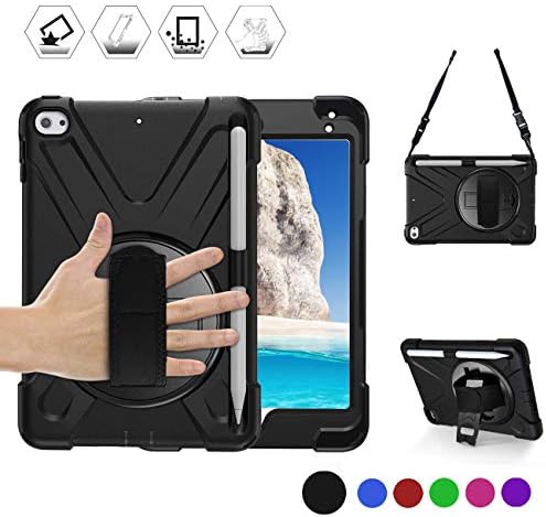 iPad Mini5 Case, iPad Mini4 Shockpoof Case Three Layer Drop Protection Rugged Protective Heavy Duty Rotating Rubber Case with Pencil Holder 360 Degree Swivel Stand Hand Strap Shoulder Strap Black