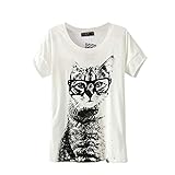 ETOSELL Retro Lady CrewNeck Short Sleeve T-Shirt Cute Cat Print Loose Tops