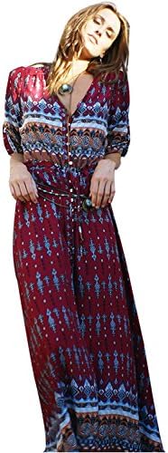 Allfennler Bohemian Summer Beach Print Button up Half Sleeve Slit Maxi Dress