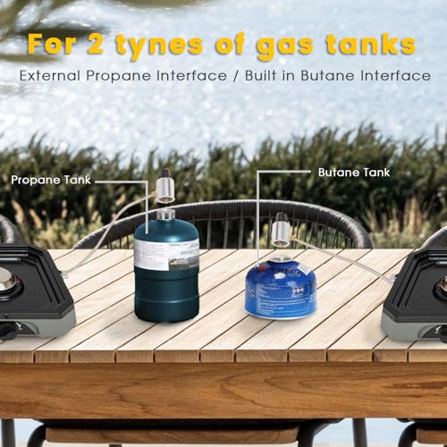 2 Burner Propane Camping Stove with Grill, 14000 BTU Portable Foldable Camp Stove with Steel Braided Hose and Carrying Bag, Adjustable Burners, Suitable for Backyard BBQs Camping and Outdoor Cooking