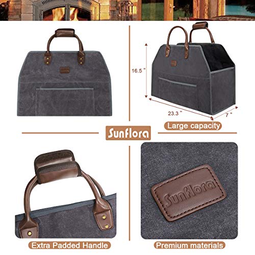 Sunflora Firewood Carrier Tote Bag with Extra Thick Padded Handle for Easy Carrying, Large Water Resistant Log Carrier with Front Pocket for Accessories for Camping, Fireplace Wood Stove (Dark Gray)