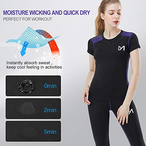 MEETYOO Women's Compression Base Layer, Cool Dry Workout Gym Activewear Short Sleeve T-Shirt and Long Leggings for Fitness Yoga Running Purple
