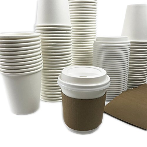 Black Cat Avenue 50 Sets 10oz Disposable Hot White Paper Cups with Lids and Sleeves For Hot Drinks Coffee Cocoa Chocolate Latte Cappuccino