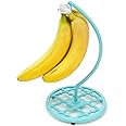 Home Basics Enamel Coated Cast Iron Banana Holder in Bright Turquoise Weighted Base with Lattice Design, Rubber Feet, Deep Hanging Hook, and Curved Pole for Stability
