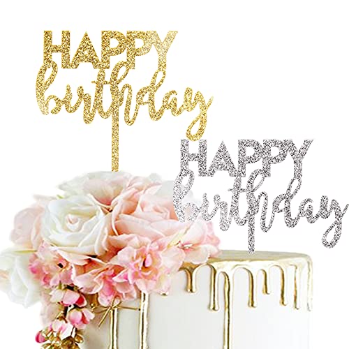 Herain Glitter Happy Birthday Cake Toppers, Gold Silver Cake Topper