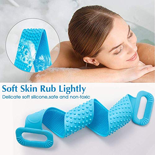 Silicone Back Scrubber for Shower, Exfoliating Lengthen Silicone Bath Body Brush, Easy to Clean, Lathers Well, Eco Friendly, Long Lasting, Comfortable Massage for Shower(Blue)