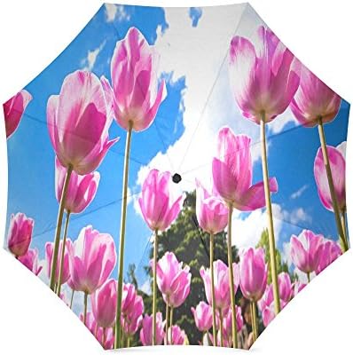 Custom Pink Tulips Flower Anti Rain Windproof Travel Golf Sports Foldable Umbrella
