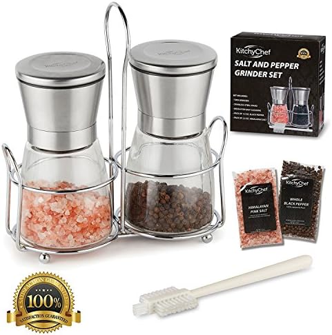 Salt Grinder and Pepper Mill, Shakers includes Himalayan Pink Salt &amp; Pepper, 6 Oz Glass Body, 5 Grade Adjustable Ceramic Spice Crusher, Combo 2-Piece Set