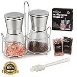 Salt Grinder and Pepper Mill, Shakers includes Himalayan Pink Salt & Pepper, 6 Oz Glass Body, 5 Grade Adjustable Ceramic Spice Crusher, Combo 2-Piece Set