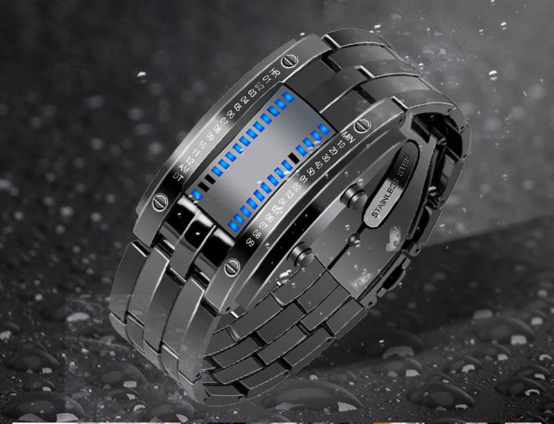 Fashion Mens Binary Sports Watch Digital LED Matrix Waterproof Outdoor Casual Black Bracelet Square Blue Backlit Watches