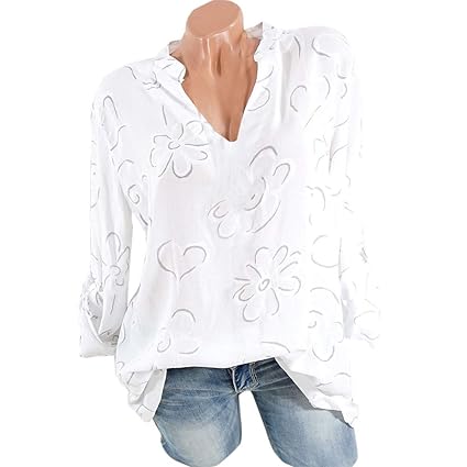 DEELIN Tops Damen Sommer Plus Size Chiffon Blumendruck Langarm Bluse Pullover Tops Shirt …