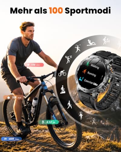 Karchilor Military Smartwatch Men's with 1000 mAh Battery - Fitness Watch with Bluetooth Calls, 1.7 Inch HD Display, LED Torch, IP68, 110+ Sports Modes, Heart Rate and Sleep Analysis, for iOS