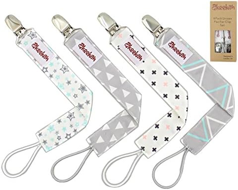 FLASH SALE | Pacifier Clip 4 Pack by Akeekah Unique 2 Sided Modern Unisex Design Pacifier Holder for Boy and Girl Binky Leash with Plastic Clip Washable Perfect Baby Shower Gift