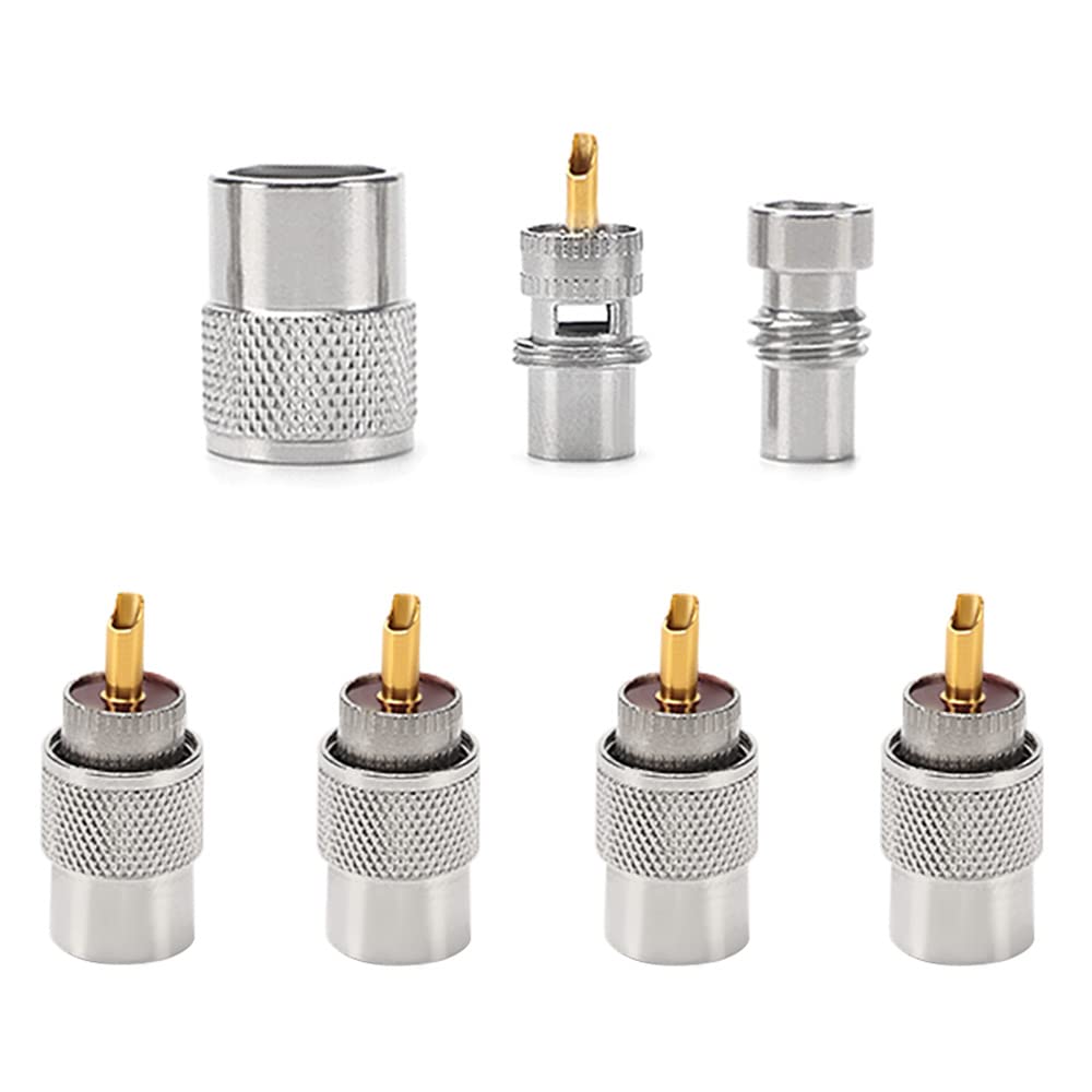 YIXISI 5 PCS UHF/PL-259 Male Solder Coax Connector with Reducer, Teflon Material 50ohm Low Loss RF Adapter for RG8x, RG8, RG59, LMR-400, RG-213 Coaxial Cable, Compatiable with CB Ham Radio Antenna