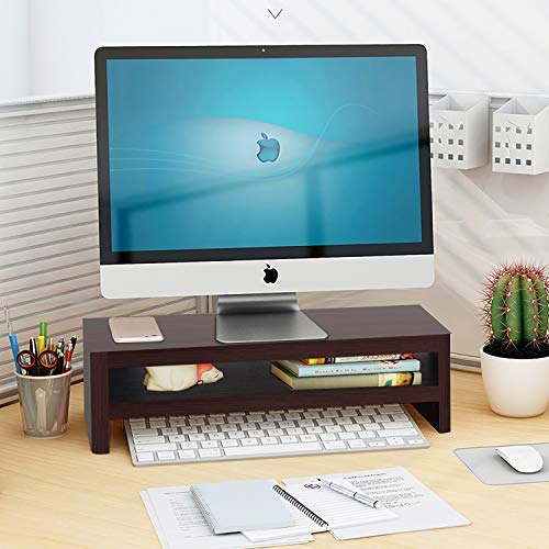 Bestier Computer Monitor Stand Riser Wood PC Monitor Stand with 2-Tier Storage Organizer Desktop Stand for Laptop, Projector, Printer, Small TV Riser Space Saving Brown
