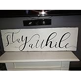 Farmhouse Stay Awhile Wood Sign, Entryway Sign Farmhous Wall Decor, Rustic Wall Art for Housewarming Gift Decorations Plaque (Stay Awhile) 4x16 Inch