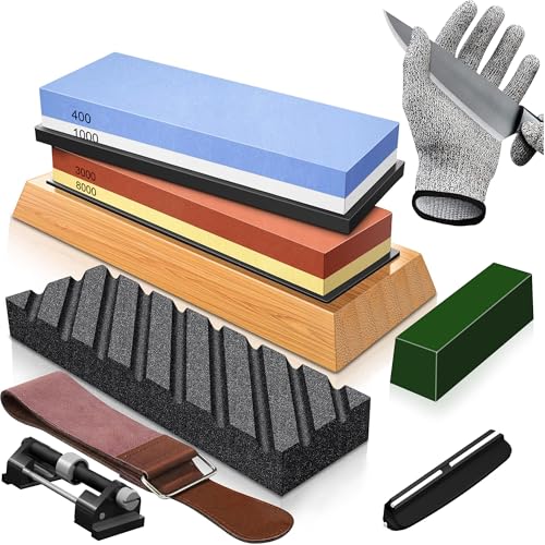 Photo 1 of ***FACTORY SEALED*** YeopAsda Knife Sharpening Stone Kit, Premium 4 Side Grit 400/1000 3000/8000 Whetstone Knife Sharpener Tool, Non-Slip Bamboo Base,Cut Resistant Gloves, Angle Guide