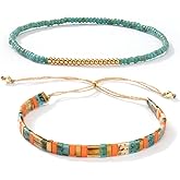 SHINUS BOHO Tila Flat Colorful Beaded Retro Stack Bracelets Set for Women, 2Pcs Trendy Handmade Miyuki Glass Beads Stretch Bohemia String Bracelet Festive Holiday Accessories Jewelry Gift.