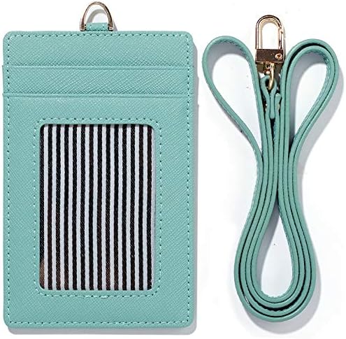 Genuine Leather ID Badge Window Holder Business Card Neck Strap Wallet Purse Case Landyard Women