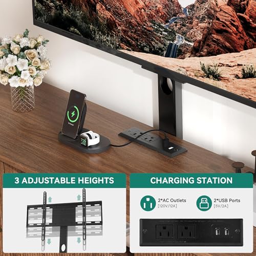 YITAHOME Fluted Curved TV Stand with Mount for 32-70 Inch TVs, Modern Entertainment Center with LED Lights & Power Outlets,Walnut