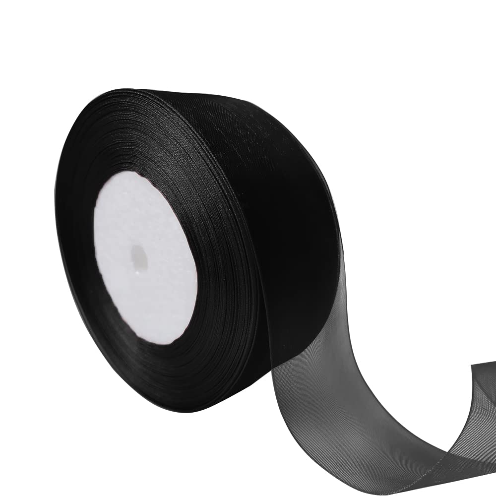Dishaur Christmas Organza Ribbon for Gift Wrapping 38mm x 45m, Black Sheer Organza Ribbon for Xmas Tree, Bows and Crafting