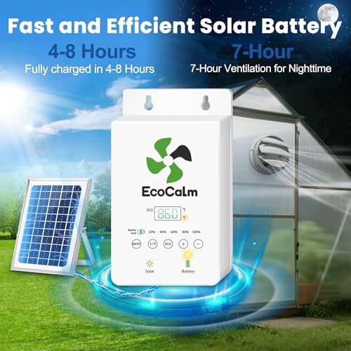 ecoCalm Solar Fan with Thermostat and Battery, 8" Exhaust Fan with 25W Bifacial Solar Panel, Greenhouse Fan Kit for Outside, Garage, Shed, Camping