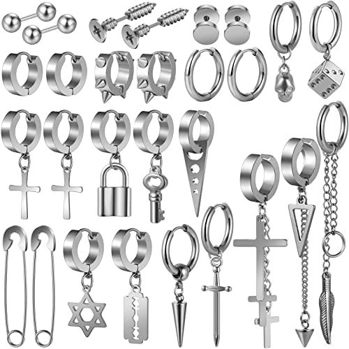 Black Cross Earrings for Men, 28 Pieces Stainless Steel Long Chain Dangle Piercing Hoop Earrings Set for Gifts