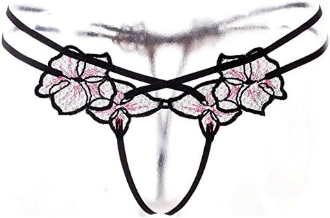 Women's Sexy Underpants Flower Embroidery Perspective Lace T-Back Thong Panty (Black)