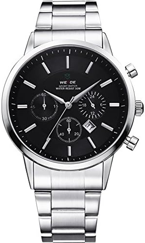 VOEONS Men's Silver Chronograph Stainless Steel Classic Watch Waterproof Analog Quartz Rubber Wrist Watches for Men with Calendar