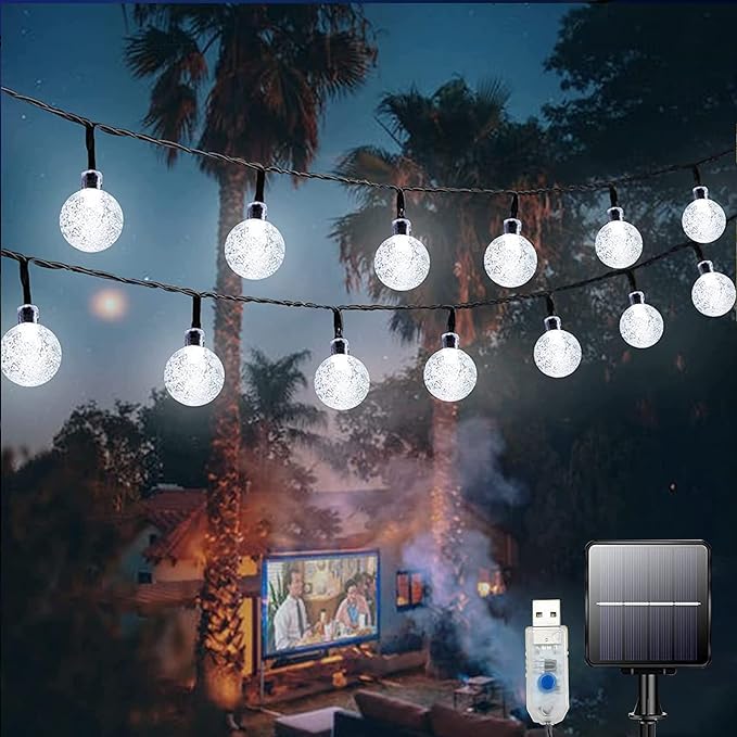 Bollengold Solar/USB String Lights, 26Ft 60LEDs Solar/USB Powered Garden Lights with 8 Mode, IP65 Waterproof Indoor/Outdoor Fairy Lights for Yard, Gazebo, Party, Wedding, Decorations(Clear White)