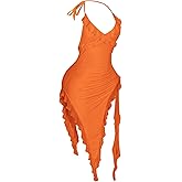 SweatyRocks Women's Mesh Bodycon Halter Midi Dresses Open Back Sleeveless Asymmetrical Ruffle Cocktail Dress