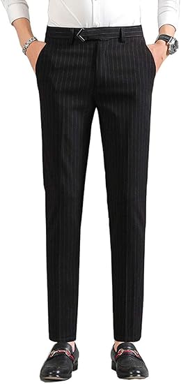 Amazon Heikiストライプ スラックス 夏 ロングパンツノータック メンズ スリム テーパード パンツ ストレッチ 美脚 ロングパンツ 通販
