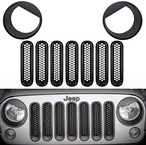 Opall Front Grille Mesh Inserts & Headlight Cover Angry Bird Style Trim Cover for Jeep Wrangler JK JKU 2007-2017 Upgrade Clip-0n Version (9PCs Black)