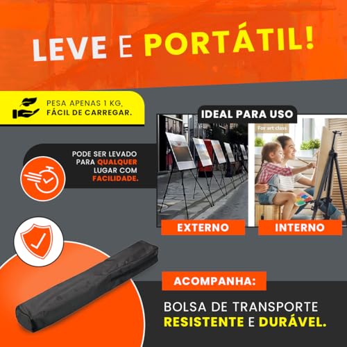Cavalete De Pintura Em Tela Portátil e Ajustável 1,60m – Leve, Dobrável, Resistente, Ideal para Artistas, Estúdios, Escolas e Pintura ao Ar Livre Suporte Cavalete De Artista Preto Linha Super Premium