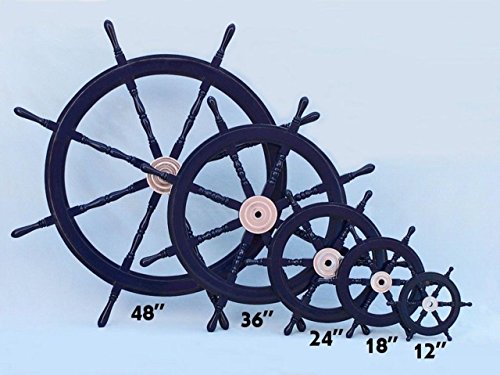 Hampton Nautical Deluxe Class Dark Blue Wood and Chrome Decorative Ship Steering Wheel 18" - ation