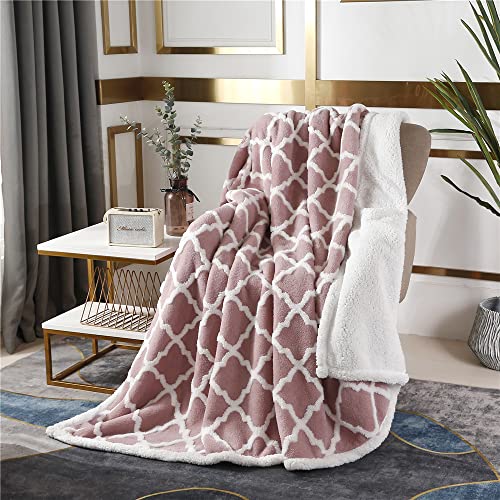PU MEI Sherpa Fleece Blanket Reversible Plush Fluffy Lattice Flannel Blankets for Sofa Couch Bed (Light Pink, 60"*80")
