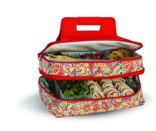 Picnic Plus 18" Casserole Carrier 2 Level Thermal Insulated Hot and Cold Food Carrier Double Layer Food Carrier Bag Potluck Carrier With Bonus Containers (Sunlight Bloom)