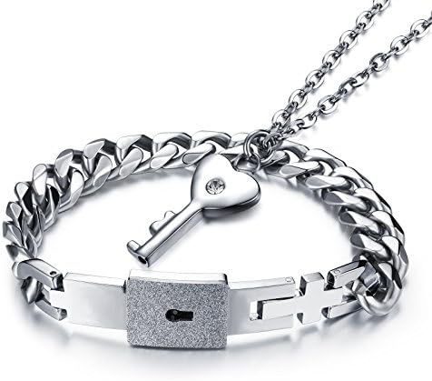 Mintik Jewelry Stainless Steel Couples Love Lock Bangle Key Pendants Necklace Set Valentine Wedding Engagement Gift