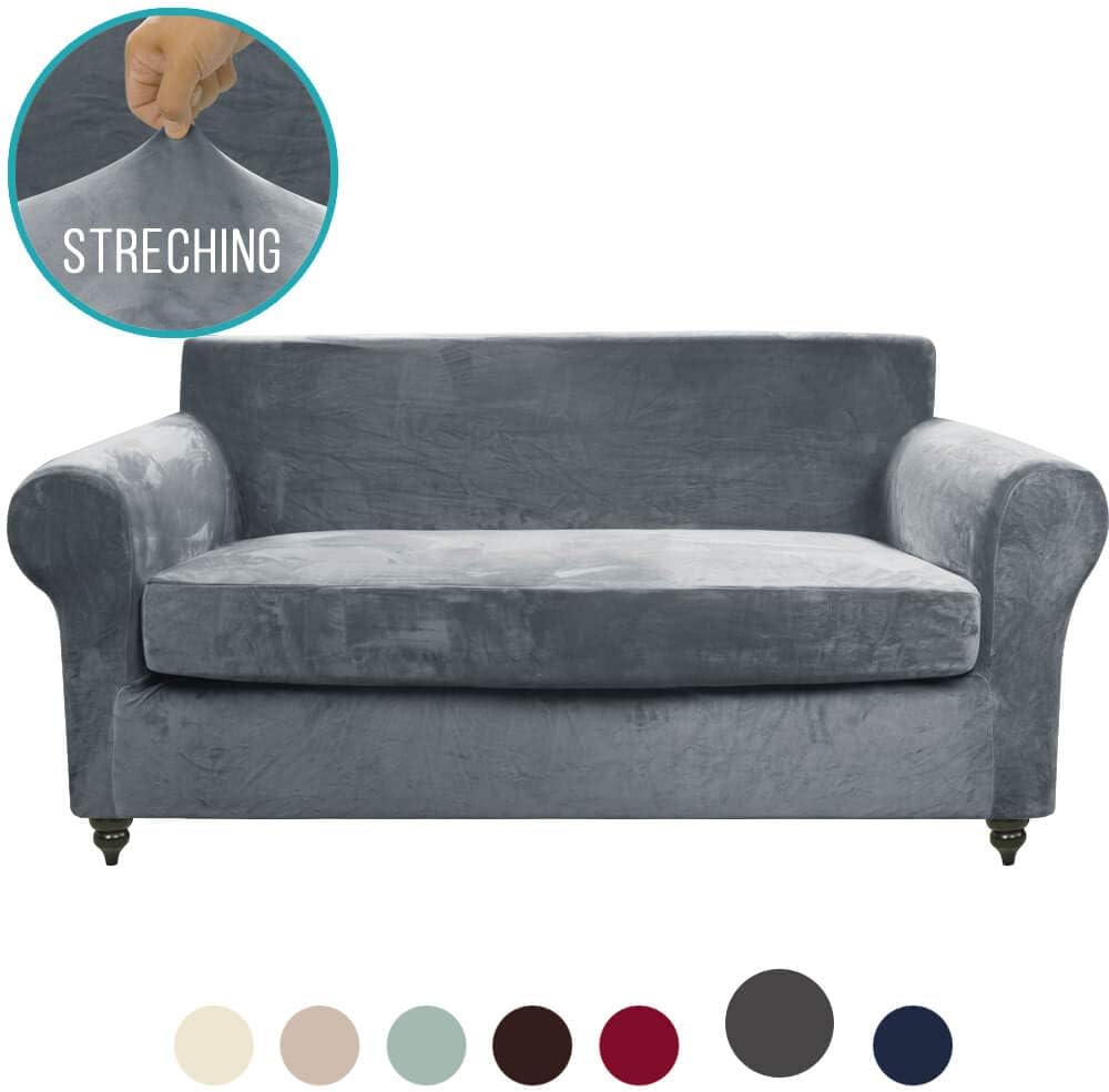 MOYMO 2-Piece Stretch Velvet Loveseat Slipcover, High Stretch Loveseat Cover, Slipcovers for couches and loveseats, Loveseat Slip Cover for Leather Loveseat, Living Room,Pets,Dogs,Child(Loveseat:Grey)