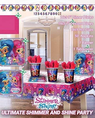 Ultimate Shimmer&Shine Party!!!Birthday Party Decoration Supply Bundle Pack with 16lg&16sm Plates 16-9oz Cups, Matching Table Cover&Jumbo Banner,50 Napkins(Bonus Matching Party Straw Pack)