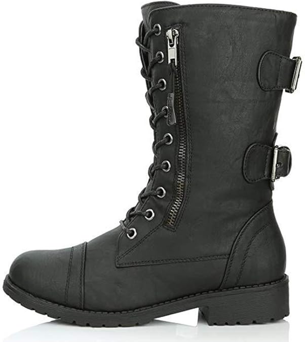 Women Mid Calf Biker Boots Square Heel Round Toe Lace Up Ladies High