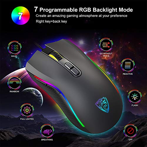 GTRACING Gaming Mouse 7200 DPI 7 Programmable Rgb Wired Ergonomic Game Usb Computer Mice Rgb Gamer Desktop Laptop Pc Gaming Mouse, Breathing Light 7 Buttons for Windows 7/8/10/XP Vista , Black