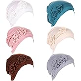 6 Pieces Women Turban Flower Caps Chemo Headwear Sleep Cap Vintage Soft Turbans Beanies Headwrap Hat