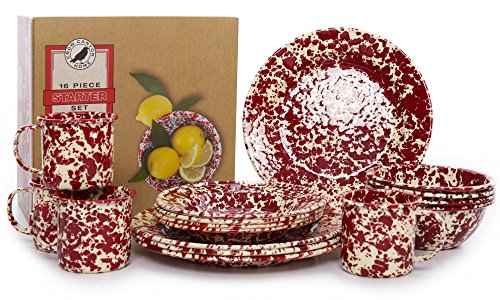 Enamelware 16 Piece Dinnerware Starter Set - Burgundy Cream Marble
