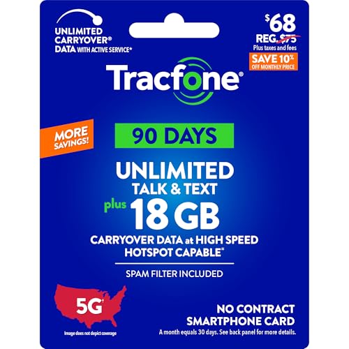 Tracfone $68 Unlimited Talk & Text, 18 GB of Data / 90 Days (Physical Card)